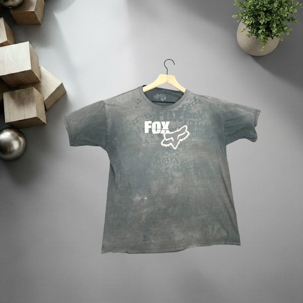 Vintage Fox Racing T-Shirt‎ Large Gray Distressed Y2K Grunge Skater Graphic Tee